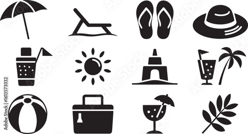 Summer Holiday Icons Set Vector Illustration. Beach Umbrella, Chair, Flip Flops, Sandcastle, Palm Tree
