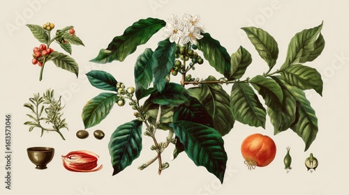 Detailed botanical illustration of coffee plant parts