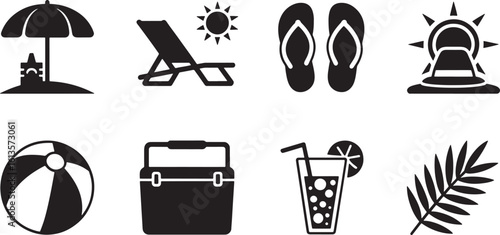 Summer Vacation Icons Set Vector Illustration. Beach Umbrella, Chair, Flip Flops, Sandcastle, Palm Tree