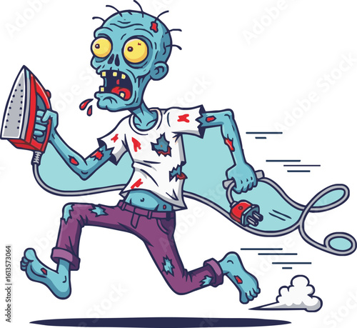 Cartoon zombie frantically running while holding a hot iron and cord.