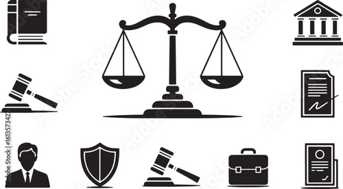 Law and Justice Icons Set Black Silhouette on Transparent Background for Legal Design Projects