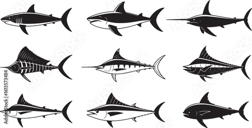 Marine Fish Icons Set Black Silhouette on Transparent Background for Ocean Life Designs
