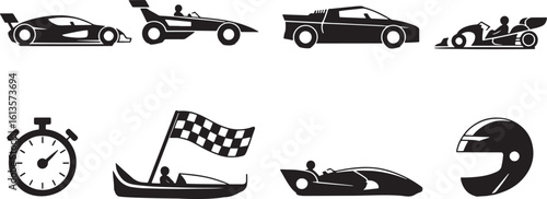 Racing Car Icons Set Black Silhouette Motorsport Speed Competition Vehicle Championship