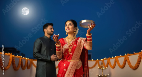 Indian Bride Performing Karwa Chauth Ritual Under the Full Moon with Husband