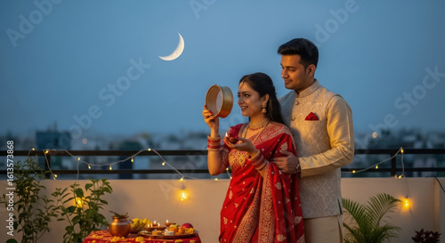 Romantic Couple Celebrating Karwa Chauth Festival at Sunset on Rooftop