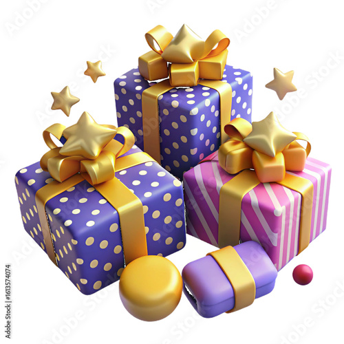 Purple and Pink Gift Boxes with Gold Ribbons isolated on a transparent background