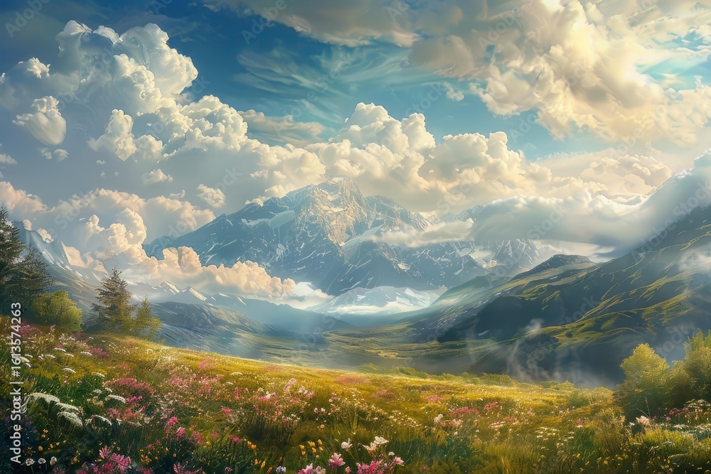 Fototapeta premium Wildflowers blooming in a vibrant meadow at the foot of a majestic snow capped mountain range under a dramatic cloudy sky