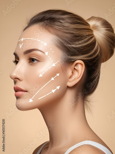 ;Profile of woman with facial massage lines showing lifting direction on beige background. Cosmetic procedure visualization. Beauty and anti-aging concept. Facial rejuvenation treatment guide