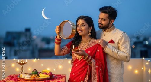 Couple Celebrating Karwa Chauth Festival at Night Woman Holding Puja Thali and Looking at Moon