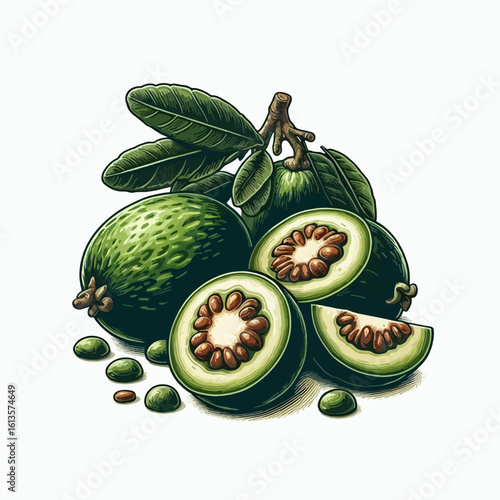 Visually appealing illustration of several green guavas, some sliced to reveal the seeds inside, arranged on a white background. Lush green leaves and a branch add to the natural composition.