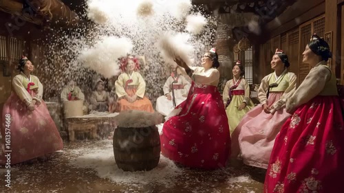 Women in traditional Korean clothing playing with faux snow