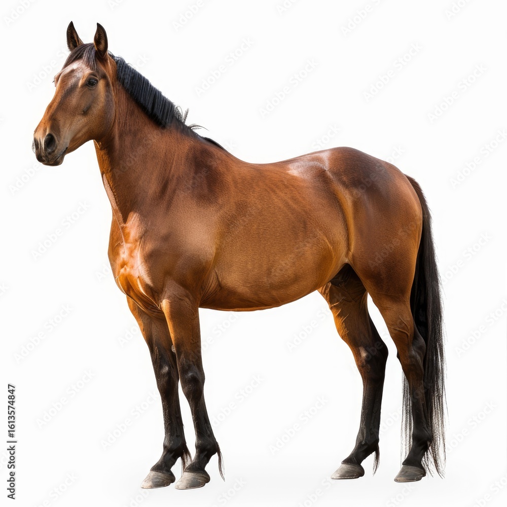 Fototapeta premium Studio shot of a brown horse with black mane isolated on white background