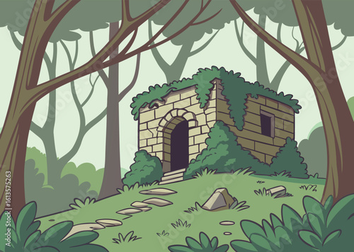 Moss-Covered Ancient Stone Ruins Hidden Deep Within a Lush Forest