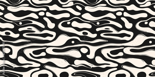 Abstract seamless pattern with organic shapes. Black and white vector background with liquid lines, fluid shapes, ink spots, biological structures. Simple funky groovy wavy texture. Repeated design