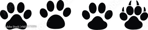 Dog paw print design flat and line icon set. Black vector collection isolated on transparent background. Footprint pet step symbol for animal zoo, vet logo element apps and websites.