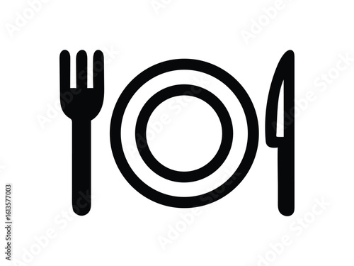 Simple black icon of a plate with fork and knife symbolizing dining and food service