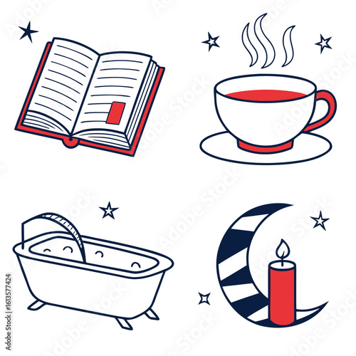 Illustration of an open book, a steaming cup, a bathtub and a crescent moon with a candle, surrounded by stars
