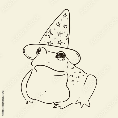 Hand drawn magic toad wearing hat with stars. Whimsical drawing of a frog sorcerer. Sketch vector illustration