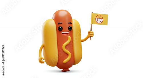 Cartoon hot dog character holding flag