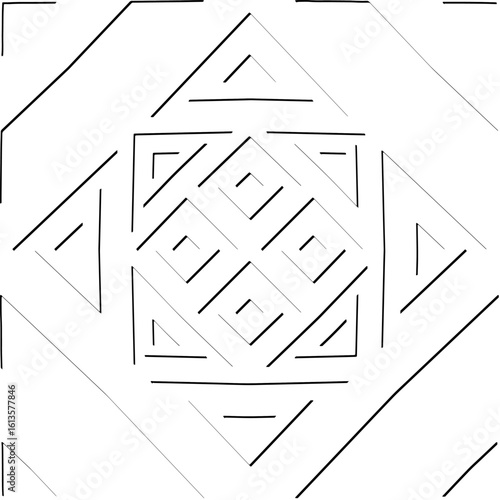  3d relief tiles.Vector pattern with symmetrical elements. Modern stylish abstract texture. Repeating tiles from striped elements. Black and white pattern.