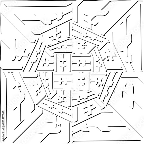 3d relief tiles.Vector pattern with symmetrical elements. Modern stylish abstract texture. Repeating tiles from striped elements. Black and white pattern.