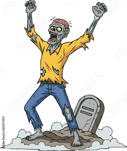A cartoon zombie with an exposed brain and raised arms rises from its grave.