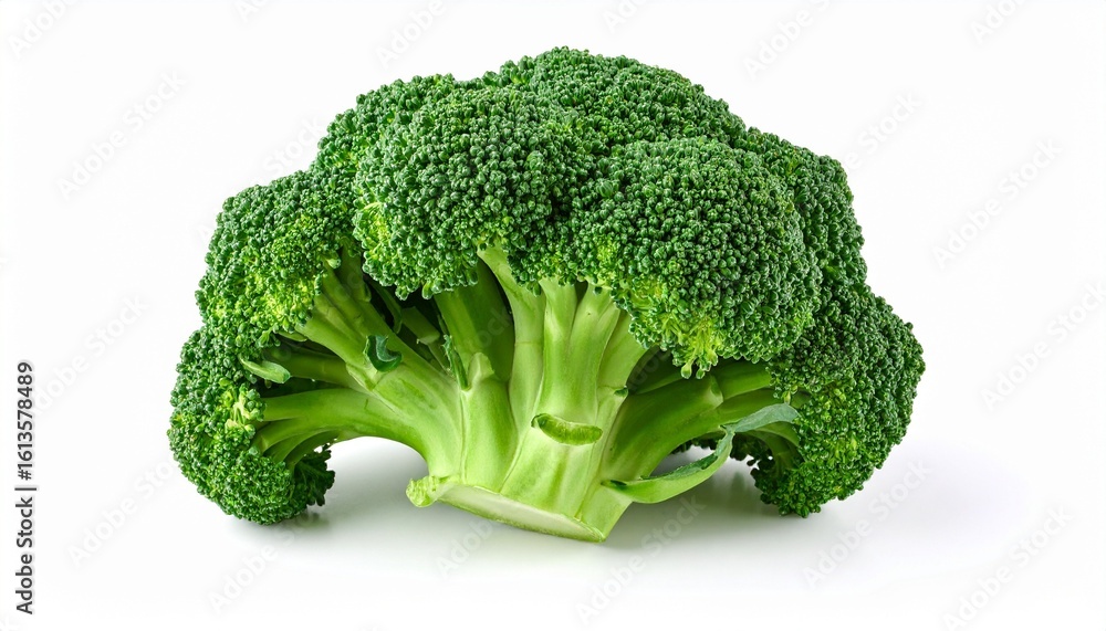 Minimalist top-down shot of a fresh green broccoli floret centered on a clean white background
