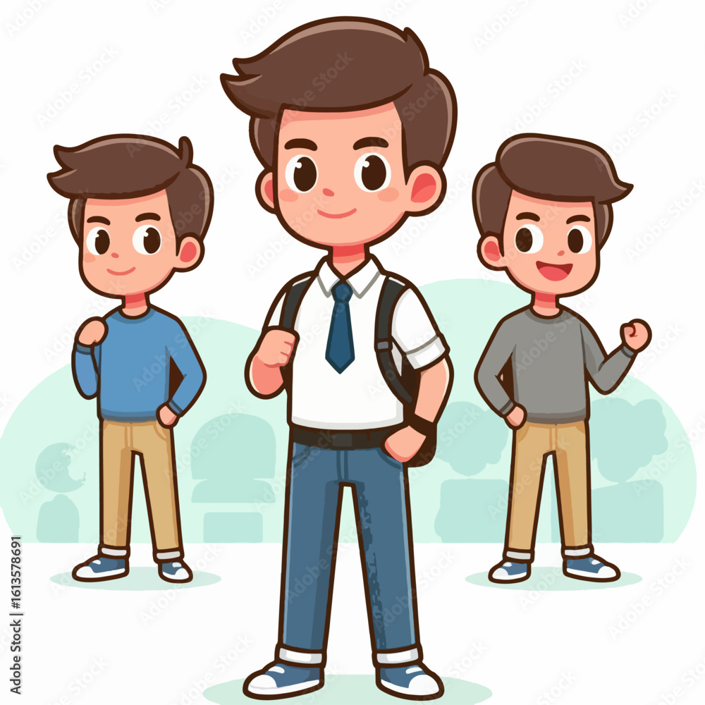 Cartoon image of three boys wearing school attire, appearing happy and confident. They are standing in a group, ready for a new day. Cartoon image of three boys wearing school attire, appearing happy and confident. They are standing in a group, ready for a new day.