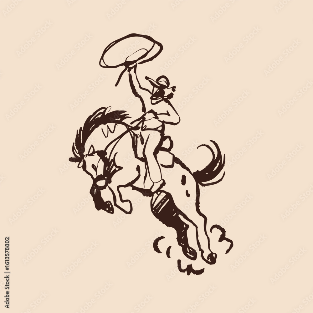 Fototapeta premium Horse rodeo. Cowboy on horse in movement. Western traditional sport. Hand drawn modern Vector illustration. Isolated design element. Print, poster, sticker, logo design template