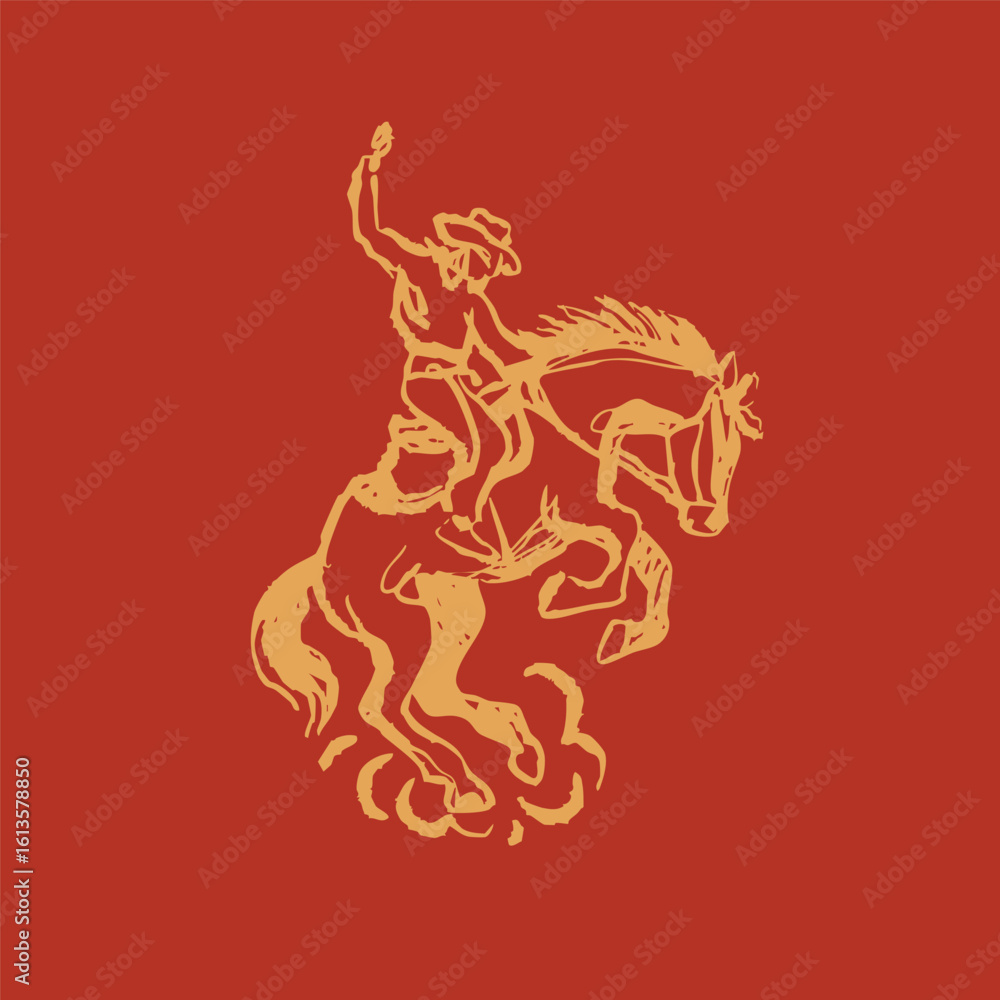 Horse rodeo. Cowboy on horse in movement. Western traditional sport. Hand drawn modern Vector illustration. Isolated design element. Print, poster, sticker, logo design template Horse rodeo. Cowboy on horse in movement. Western traditional sport. Hand drawn modern Vector illustration. Isolated design element. Print, poster, sticker, logo design template