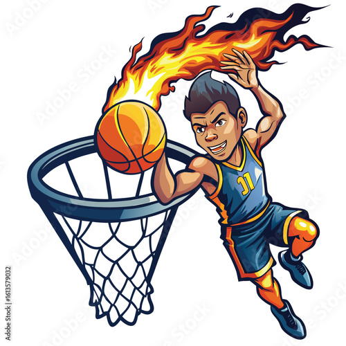 Basketball player dunking with fire flames