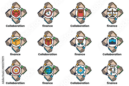 set of hand icons that represent different concepts such as collaboration