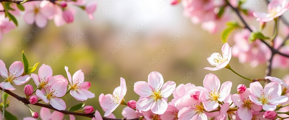 Obraz premium Delicate pink floral frame of blossoms and petals on spring background, floral frame, nature
