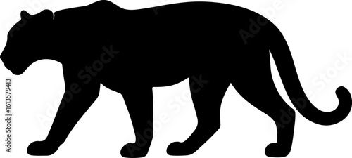 A powerful black panther walks gracefully in a striking silhouette against a clean white background