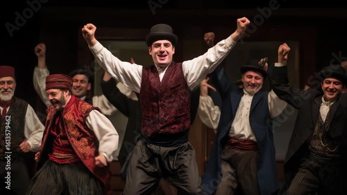 Group of men in traditional costumes dancing and celebrating.