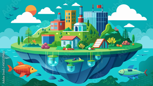 Vibrant floating island city showcases modern architecture, nature, and aquatic life under a sunny sky