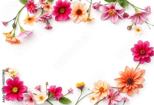 Elegant floral border with vibrant blooms on white,  colorful,  card