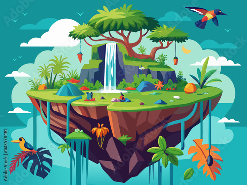 Vibrant floating island paradise with cascading waterfall, lush greenery, and exotic birds in a stylized sky