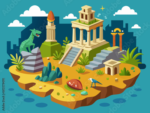 Enchanting island paradise features ancient ruins, a friendly dinosaur, and exotic flora