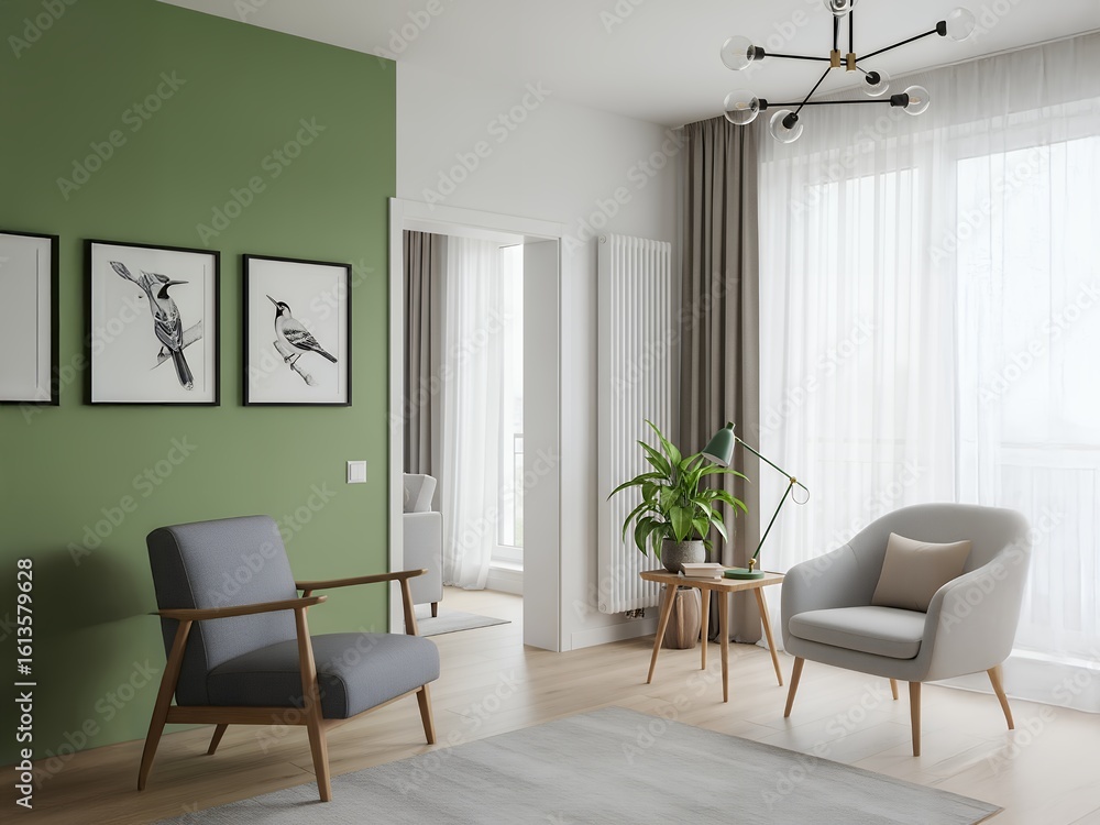 Fototapeta premium Modern Living Room With Green Accent Wall Featuring Two Armchairs and a Large Window with Curtains and Natural Light