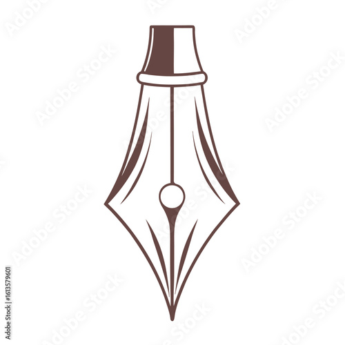 Stylized brown ink pen nib with flowing lines and circular detail on white writing stationery