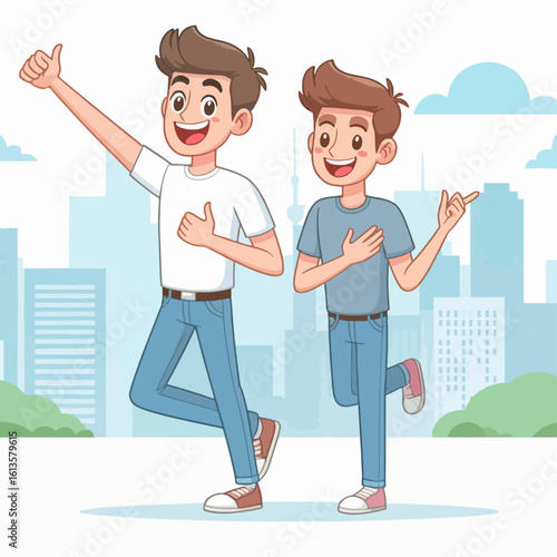 Digital illustration of two young males, dressed in casual attire, cheerfully posing in front of a cityscape background.