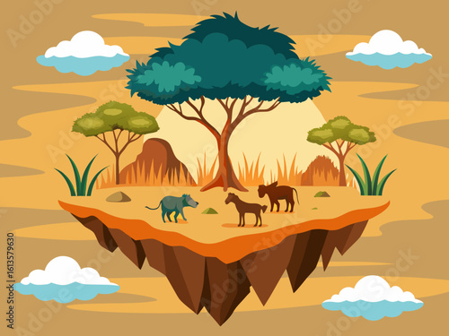Vibrant savanna scene showcases diverse wildlife on a floating island with acacia trees and clouds