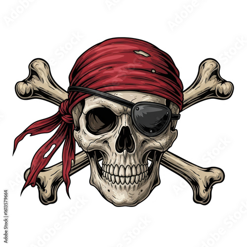  pirate skull with crossbones and red bandana, isolated on transparent background