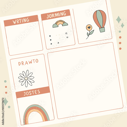 Aesthetic planner page featuring sections for writing, drawing, and jotting with cute illustrations and text