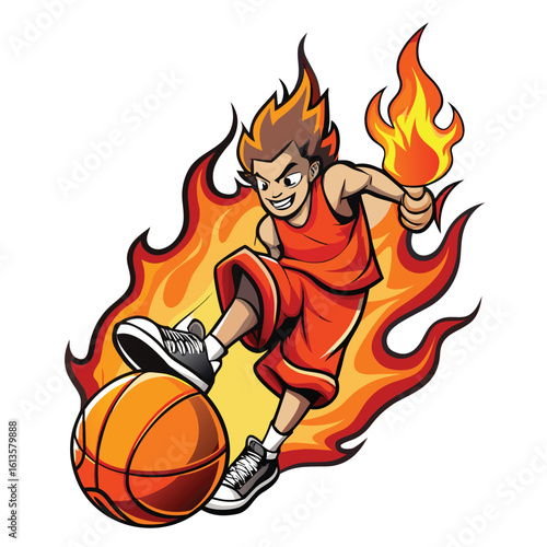 Flaming basketball player dribbling with torch flame