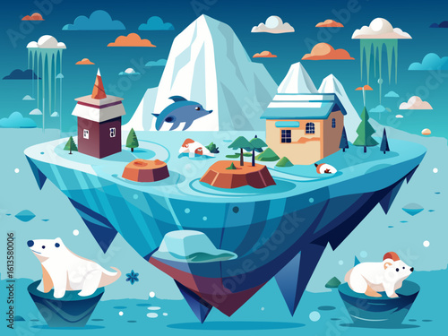 Charming arctic village with polar bears and a dolphin floating on icebergs under a cloudy sky.