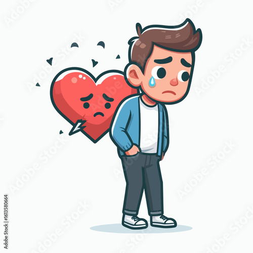 Cartoon illustration of a boy, displaying sadness and heartbreak, with a broken heart behind him.