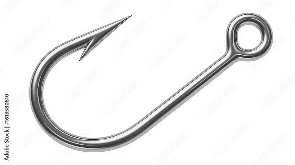 Shiny metal fishing hook with sharp point and eyelet on white background Shiny metal fishing hook with sharp point and eyelet on white background