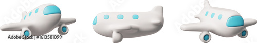 Airplane with blue portholes 3D cartoon vector set, realistic white commercial jet air transport different sides view